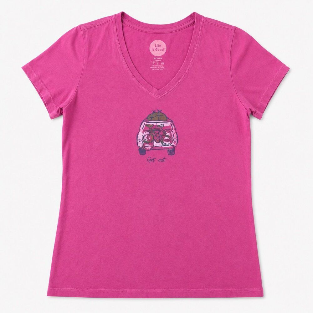 Life is Good Women’s Crusher Vee Tee – Pink “Get Out” Camper Graphic Size Small